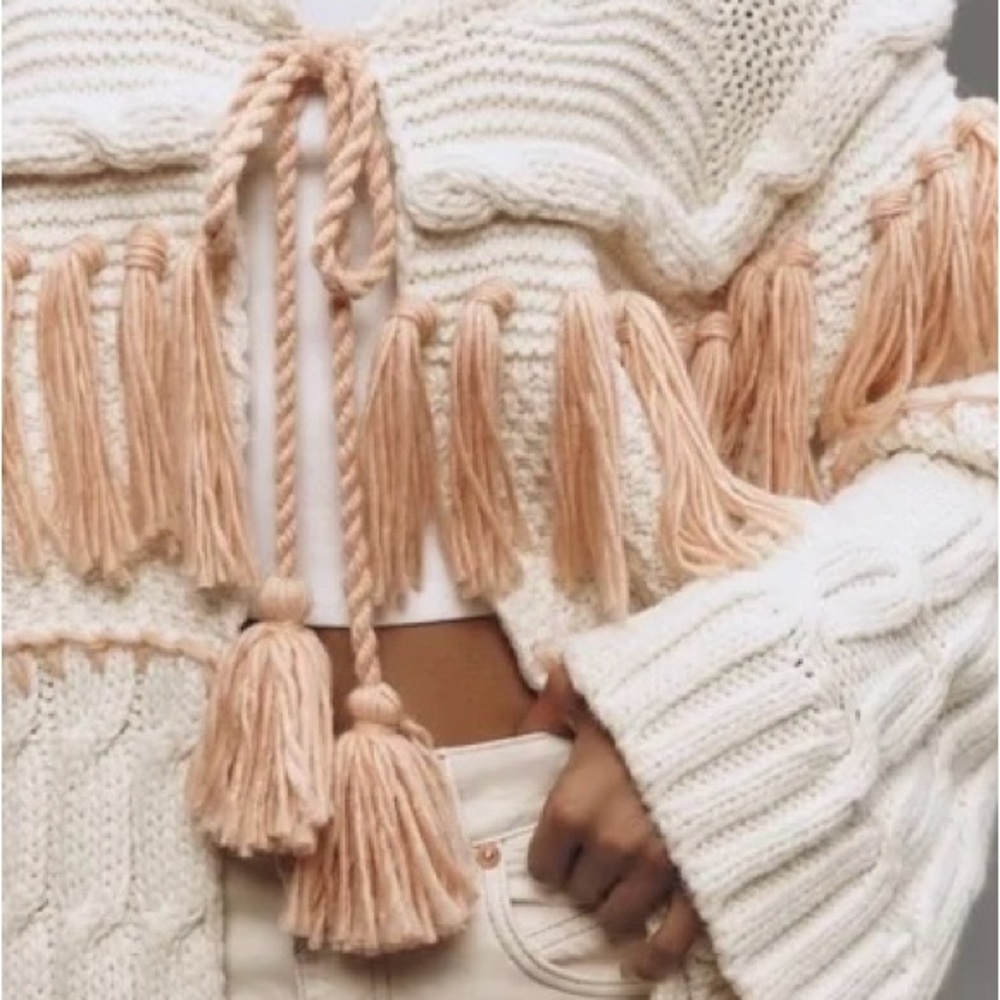 Anthropologie Cream and Pink Tassel Cardigan - Picture 5 of 5